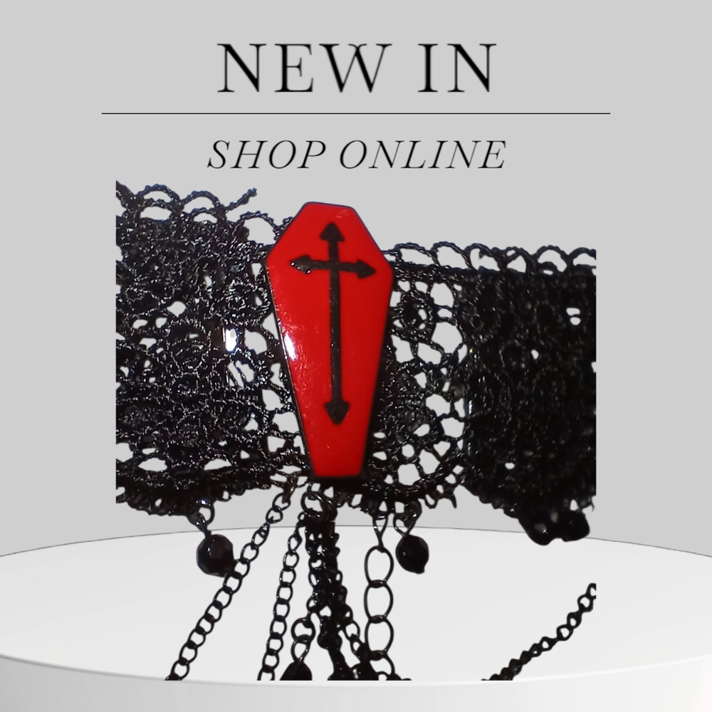 Gothic Black Lace Choker with Red Coffin Pendant - Picture 3 of 11
